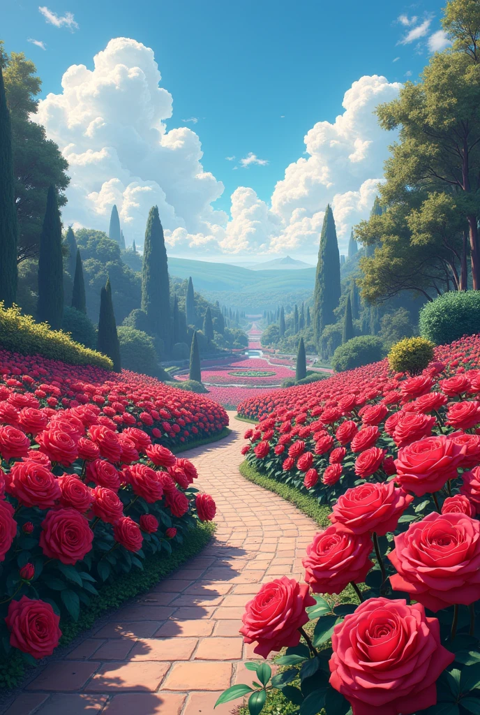 Beautiful rose garden, no people in it, only red roses, anime style, vibrant color 