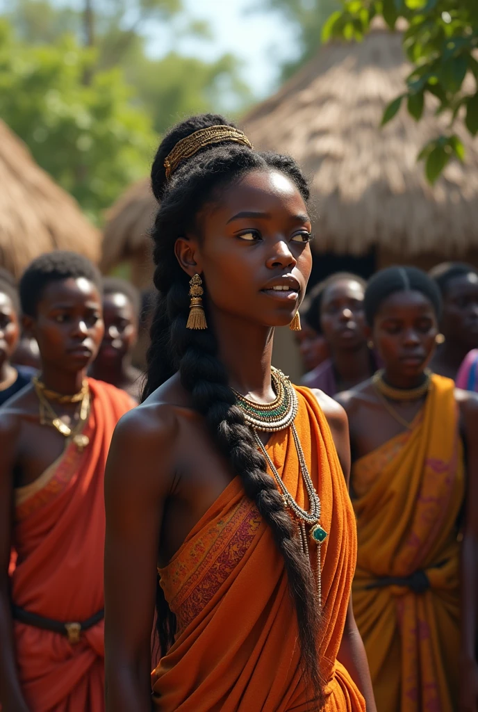 A beautiful princess crying while talking to her people in an African village 