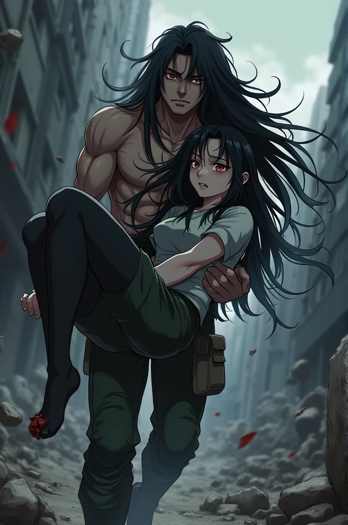 I want you to create an Mha oc for me. She will have long dark hair and she will have gojo's eyes. She is wounded , bakugou is carrying her in his arms