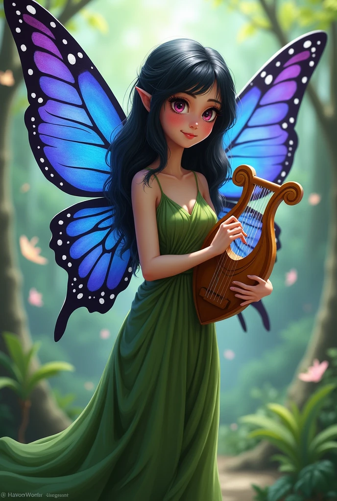 A slender fairy with blue and purple butterfly wings, black hair and dark pink eyes. She wears long, natural green clothes., and holds a lyre harp. She has an expression of someone who likes to play pranks..