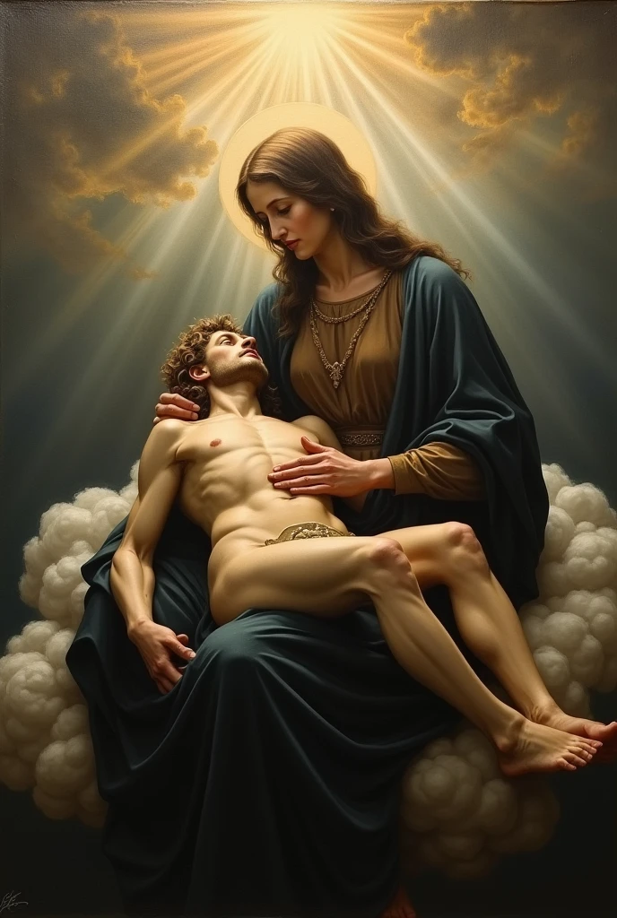 JESUS IN THE ARMS OF MARY AND MARY SITTING ON A CLOUD
