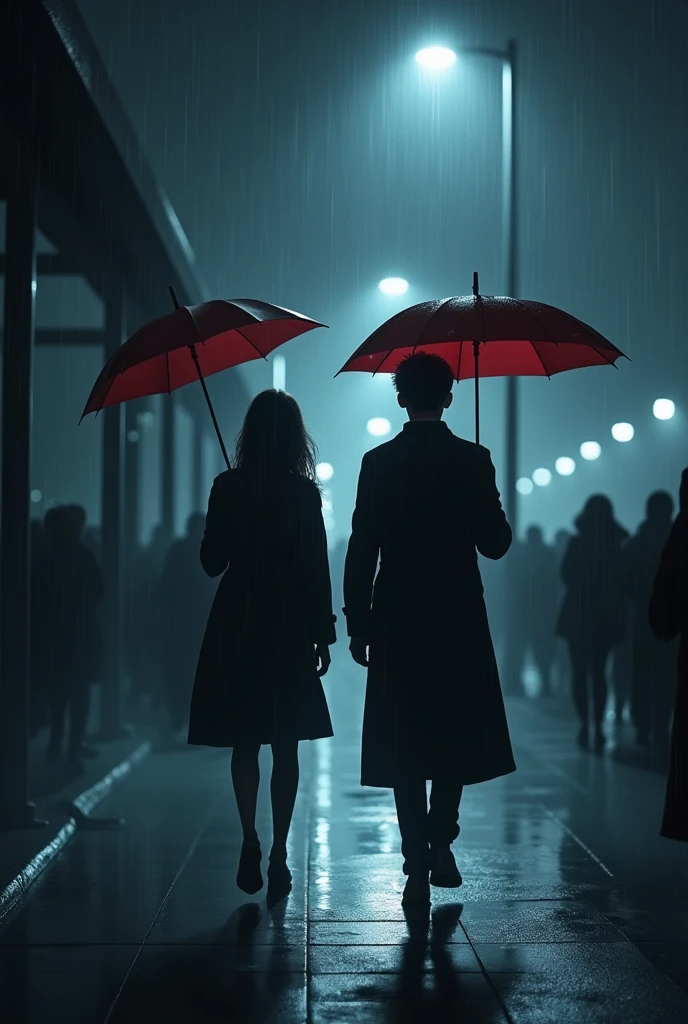 A dark and stormy night where you can barely make out the silhouettes of people as you walk and the glare of the lights blinds you., Two young people, a girl and a boy, wearing trench coats, walk calmly along a relatively empty sidewalk., The people gathered to take shelter from the rain leave the path of these two silhouettes clear, His black clothes and red umbrellas contrasted with the environment, And with their gaze they looked around as if they were expecting to see something out of the ordinary..