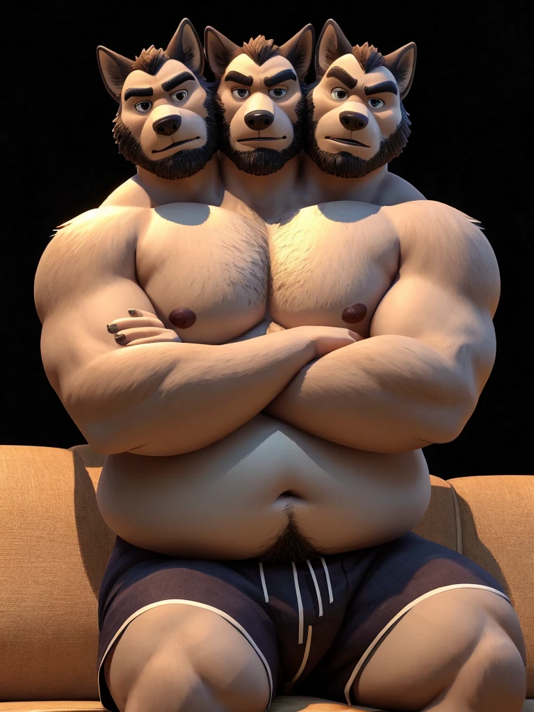 solo, siberian husky, twins, 60 year old male, ((arms crossed:1.3)), natural pose, sexy pose, sitting on couch, different facial expressions, tired, bored, annoyed, three identical heads attached to the same body, siberian husky ears, bald, stubble, beard, black and white fur, masculine, three necks, eyes, adult, male, 3d, by disney, by pixar, (overweight, fat, obese, big belly, out of shape), black background, shirtless, navel, male nipples, boxers, correct hands, correct anatomy, ultradetailed, best quality, detailed masterpiece, highly detailed masterpiece, 4k, professional cartoon