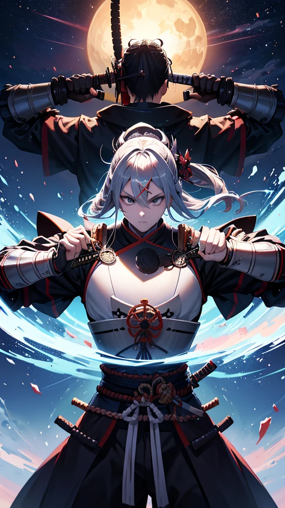 Samurai Dark Armor Sword and Katana Masterpiece, strong man warrior anime style strong features energy flowing through the sword night xom lia full