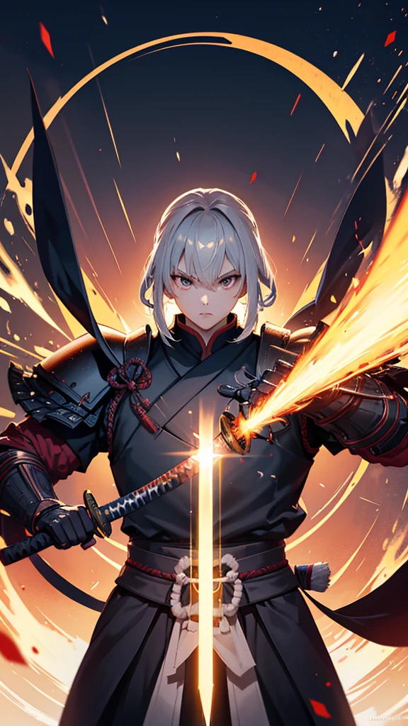 Samurai Dark Armor Sword and Katana Masterpiece, strong man warrior anime style strong features energy flowing through the sword night xom lia full