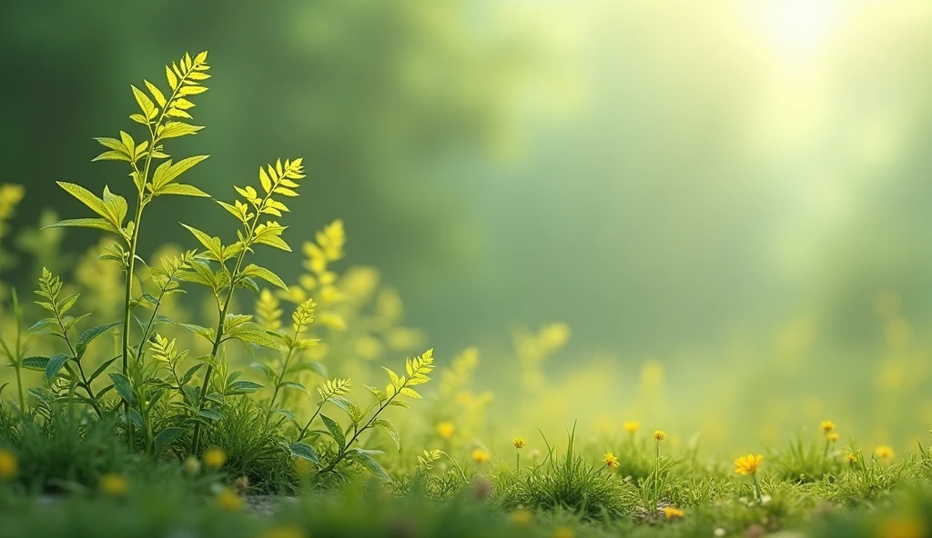 Create an image of the yellowish-green wormwood plant, that the thin leaves and that they look prominent and releasing medicinal substances in 3d and that with an extraordinary background In horizontal size, as for a wallpaper, that you can see it coming from the left side of the image