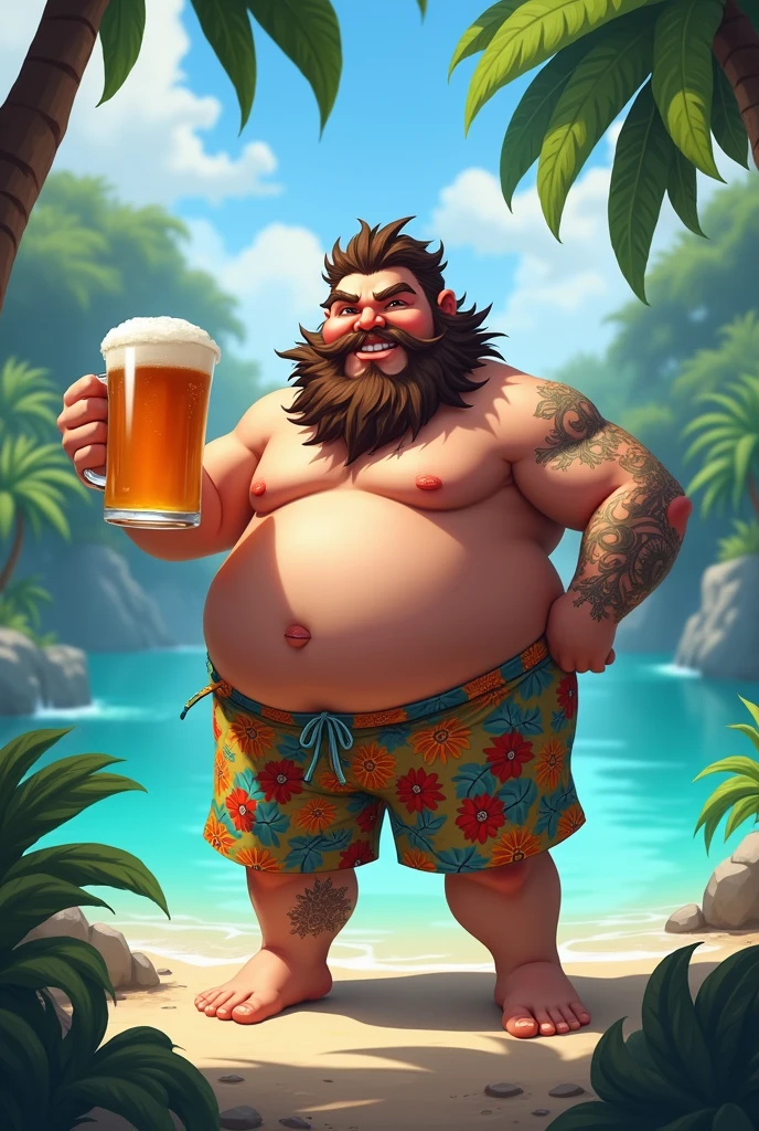 An image of the character Gragas from LOL in swimming trunks