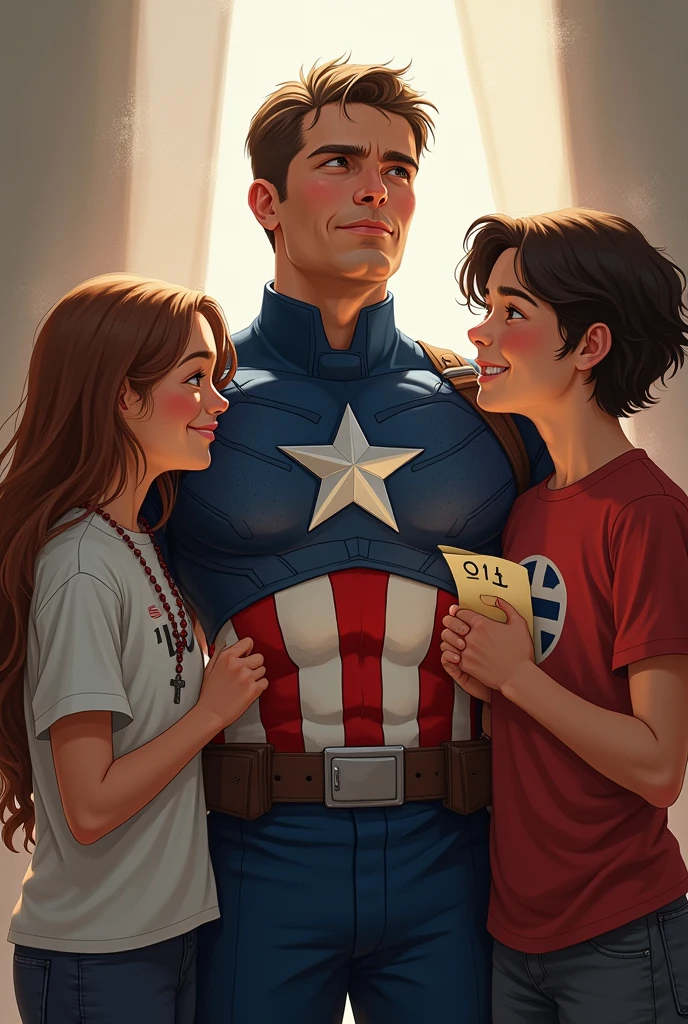 Captain America with two teens beside he, they have a T-shirt with a catholic cross. They are happy. One teen have a paper sheet with a number one on the paper, captain america is praying the rosary