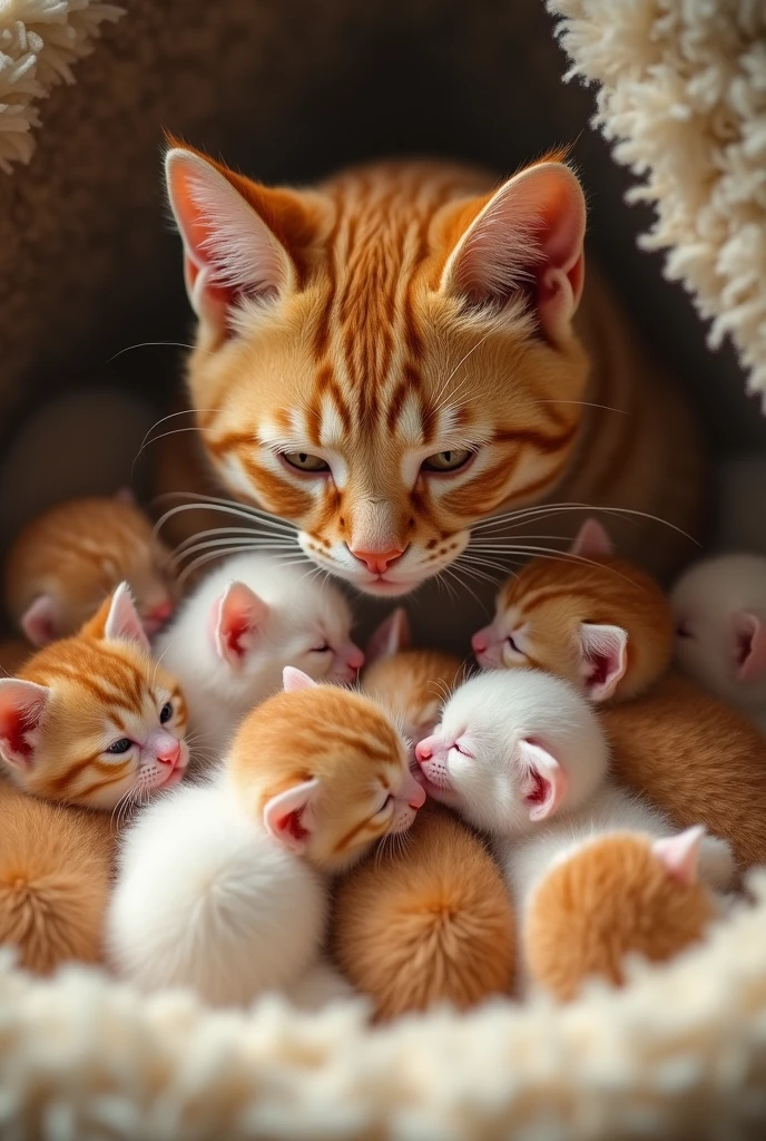 A ginger colour mother cat with her nine baby cat, white, ginger and ginger and white colour mix,