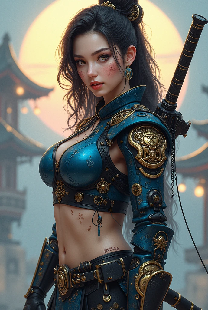Defined female body, thick thighs, cybernetic body parts / Samurai cyborg / Girl / Blue, black and gold armor and Japanese dragon details Features / Skin: Bard / Hair: dark brown, straight and curly at the ends / Eyes: dark brown and light blue and gold / Freckles: all over her face / Her eyelashes are like snow full of flakes / Appearance: beautiful / Ice earrings / Pink lips / Tied hair/Scar: on the hand, on the arm and on the back and in the groin and also in the mouth/Seriously/altura : 1,70/Name: Emily/age:18/Saia curta