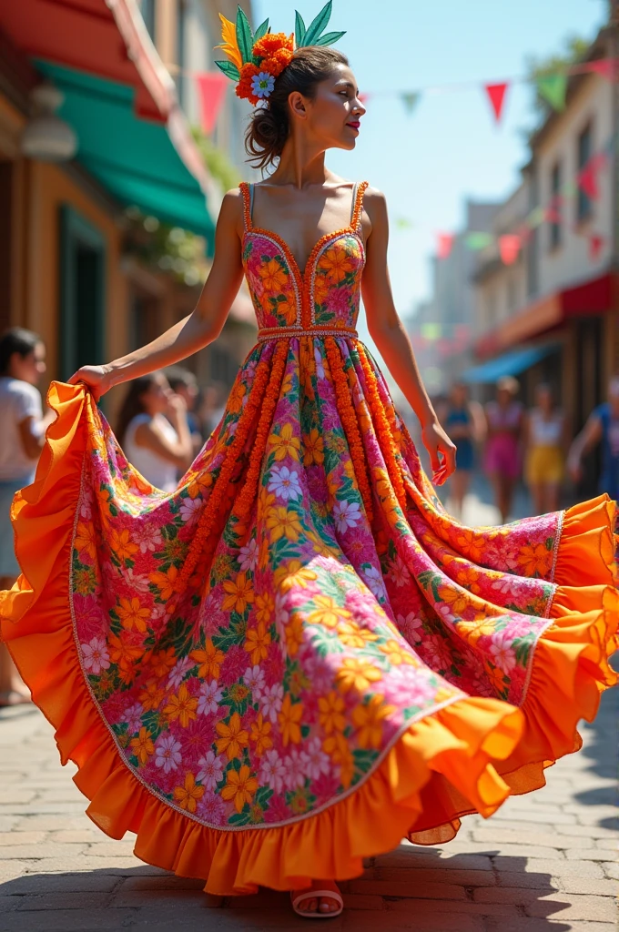 Give me a reference image of a women's dress design for a carnival with a floral theme.