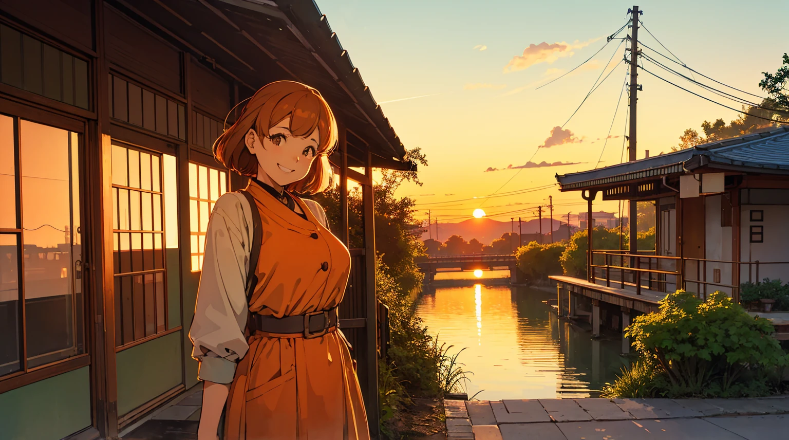 Retro Woman。Scenery with a Showa-era feel。Orange sunset。smile。
