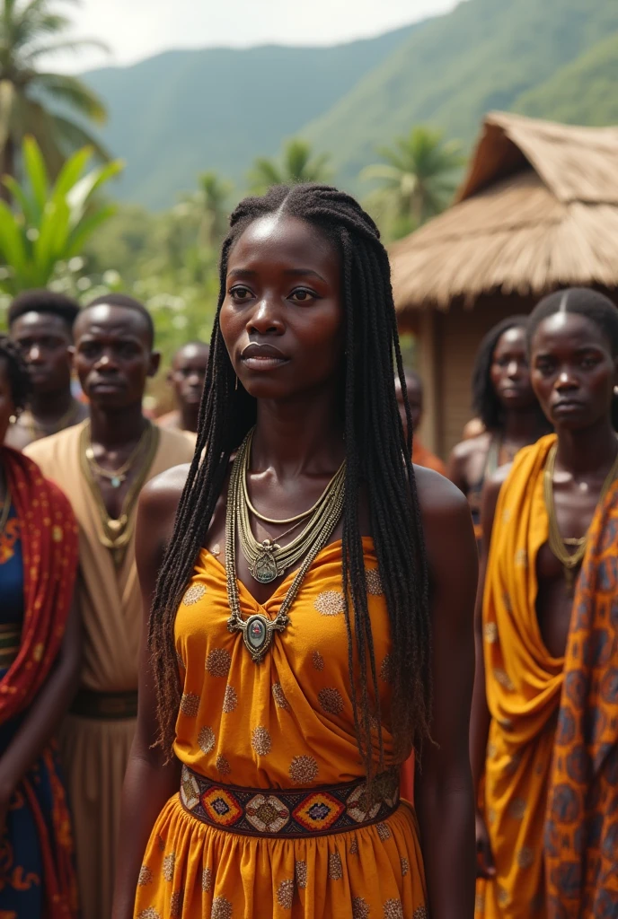 A beautiful princess. crying. talking to her people in an African village 