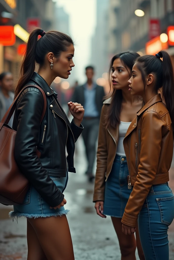Fille cheveux attaché veste cuir mini short jean grand sac a main, she is with her daughters, they fight