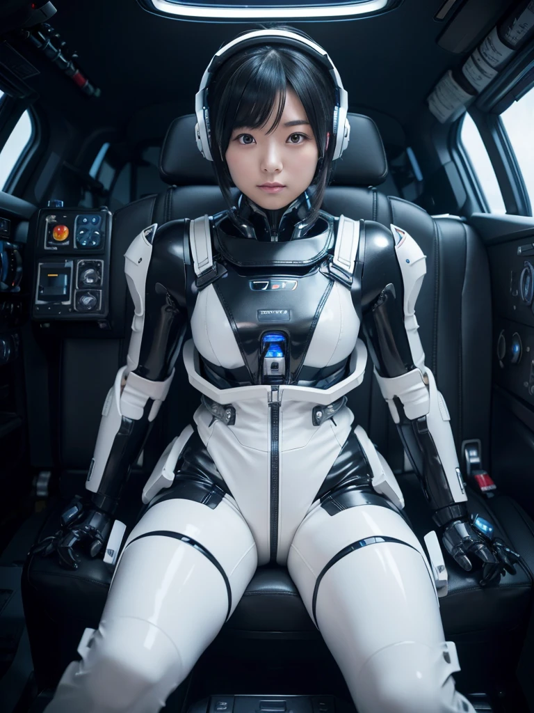 Japanese female android,Black Hair,Space rocket cockpit,Secured to the seat with a thick harness,Wearing a headset,Plump,Slightly thicker,Spread your legs,Squat,White robot suit,Robotic arms and legs,Surrounded by switches and monitors,