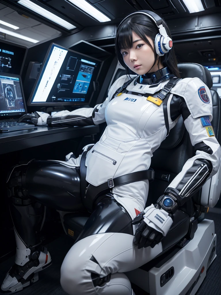 Japanese female android,Black Hair,Space rocket cockpit,Secured to the seat with a thick harness,Wearing a headset,Plump,Slightly thicker,Spread your legs,Squat,White robot suit,Robotic arms and legs,Surrounded by switches and monitors,