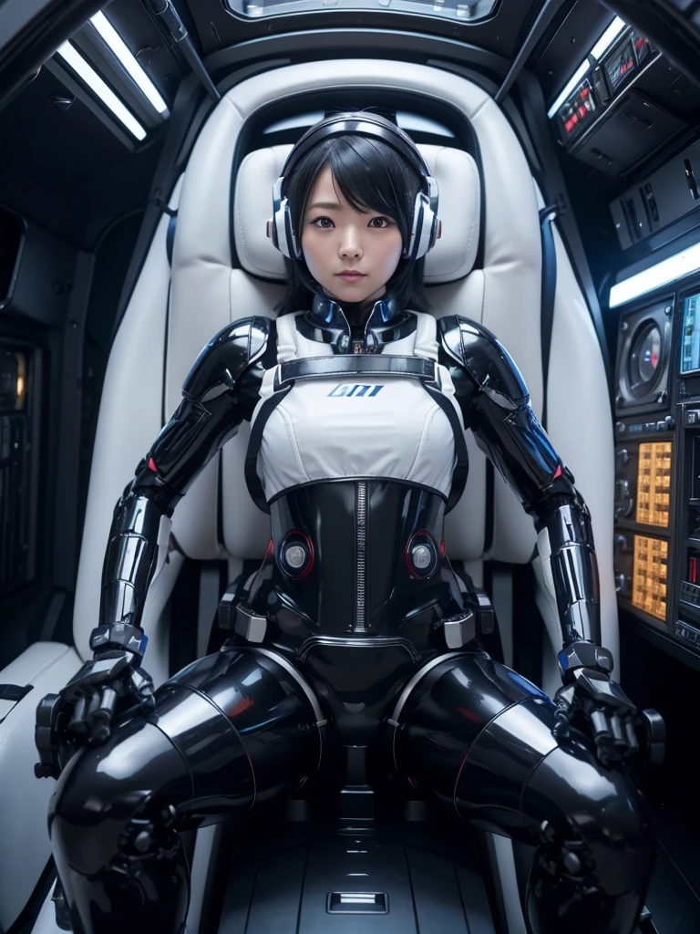 Japanese female android,Black Hair,Space rocket cockpit,Secured to the seat with a thick harness,Wearing a headset,Plump,Slightly thicker,Spread your legs,Squat,White robot suit,Robotic arms and legs,Surrounded by switches and monitors,