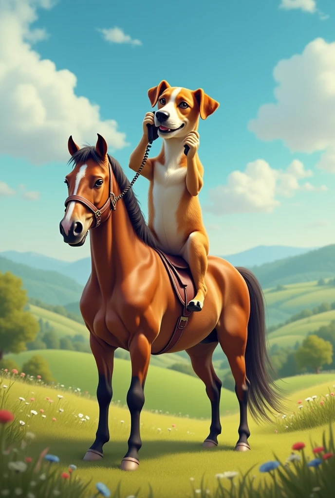 Dog sitting on horse talking on phone