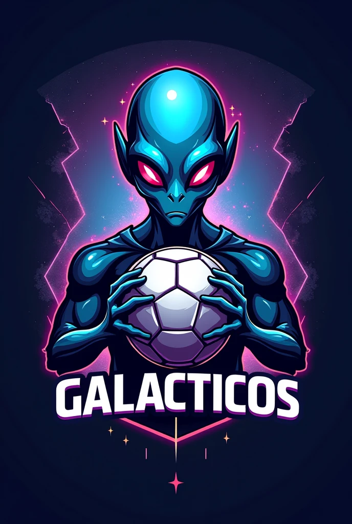 Make a crest for a soccer team with an alien and a ball and it says Galacticos