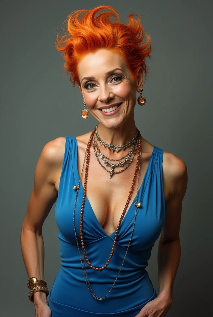 A full body of a Photorealistic of a fabulous, petite, 62-year-olf colossal breasted woman in a playful, quirky, huge, colossal breasts, smirking, snarky, youthful expression for a Smallville show photo. She looks 62 and 5'2": European, full body, dressd in a sexy low-cut uve-blue dress, with (flat, athletic, well-muscled). Heavy artistic eyeliner. Tasteful natural makeup. full body. Sleek orange hair is Asian-textured, extremely asymmetrical, in a messy futuritic city long hair with tons of jewelry. full body photo