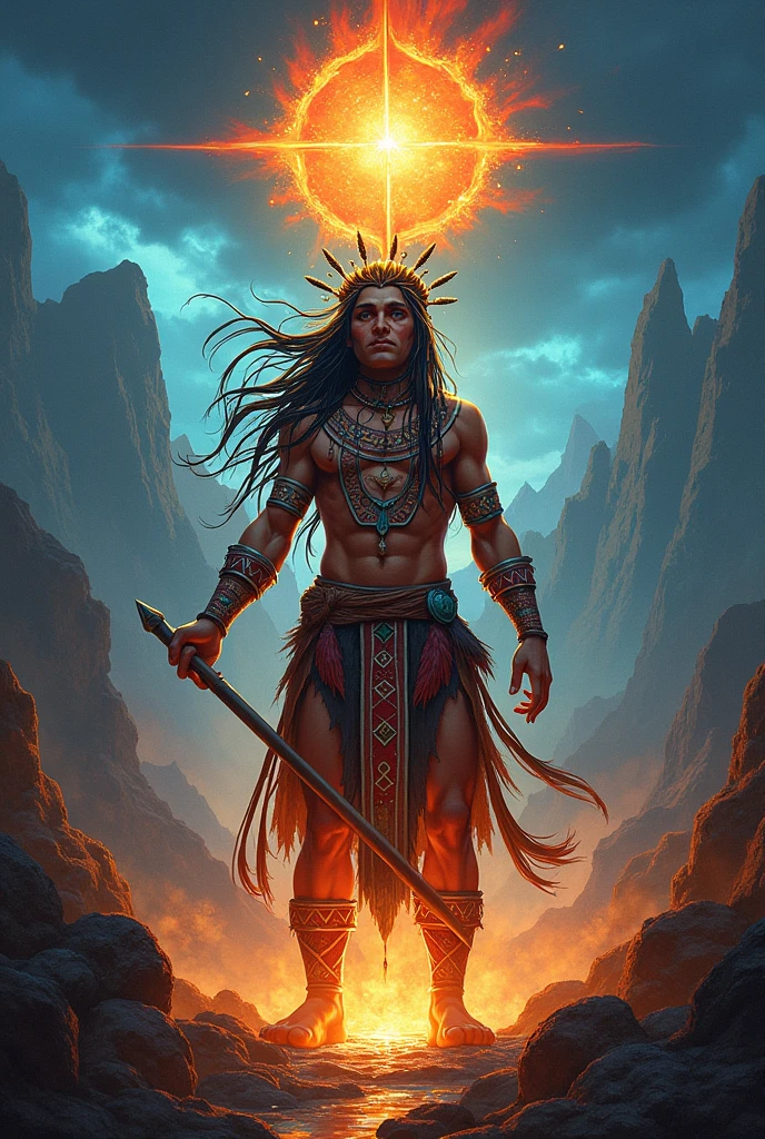 generates the image of the Event Cards: for the board of a Mapuche game Description: Letters that trigger events based on Mapuche myths. Examples include:
-Appearance of a Ngen: A protector of nature - Pillán earthquake: An earthquake, showing Pillán with an angry gesture.
-Antu's Rain: A sun and rain event, with a sky half sunny and half rainy.
-Visit of a Machi: A healer who offers spiritual help, with the image of a Machi playing her Kultrún.