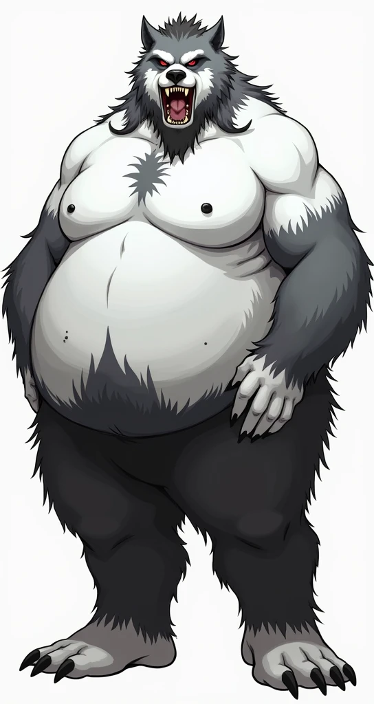 ((Grey background)), ((werewolf))), (((grey fur))), (((obese))), ((big heavy gut)), (((hyper man boob's))), ((big black nipplles)), ((very thick hairy)), ((balck and thick beard)), ((thick body hair)), ((long hair cut)), ((sweating)), ((full body view))