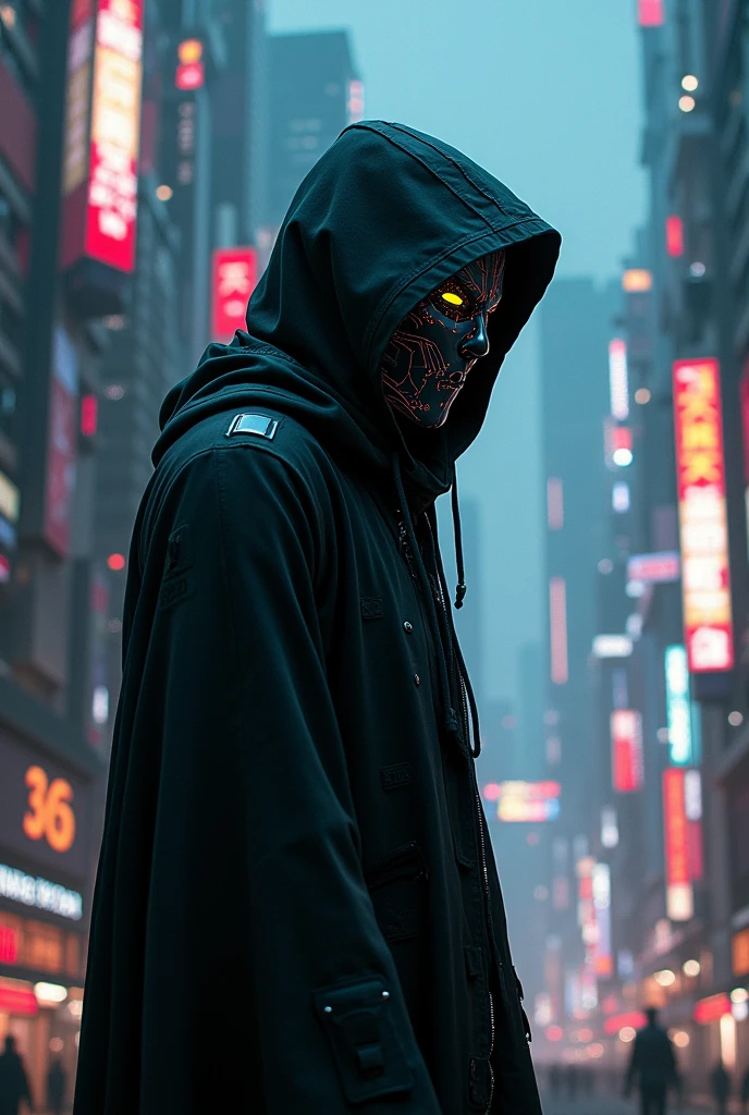 A realistic cypherpunk character standing in front of a sprawling futuristic city at night. The character is wearing a dark, high-tech hooded cloak that obscures part of their face, giving them a mysterious and enigmatic appearance. The cloak is made of advanced materials with subtle glowing lines and circuits. Their face is covered by a sleek, hightech mask with glowing digital parts. The city in the background is filled with towering skyscrapers, neon lights, and holographic advertisements, reflecting a cyberpunk aesthetic. The streets below are bustling with activity, featuring flying cars and pedestrians, while the sky is filled with drones and digital billboards. The overall atmosphere is dark, moody, and intense, highlighting the character's role in this high-tech dystopian world.