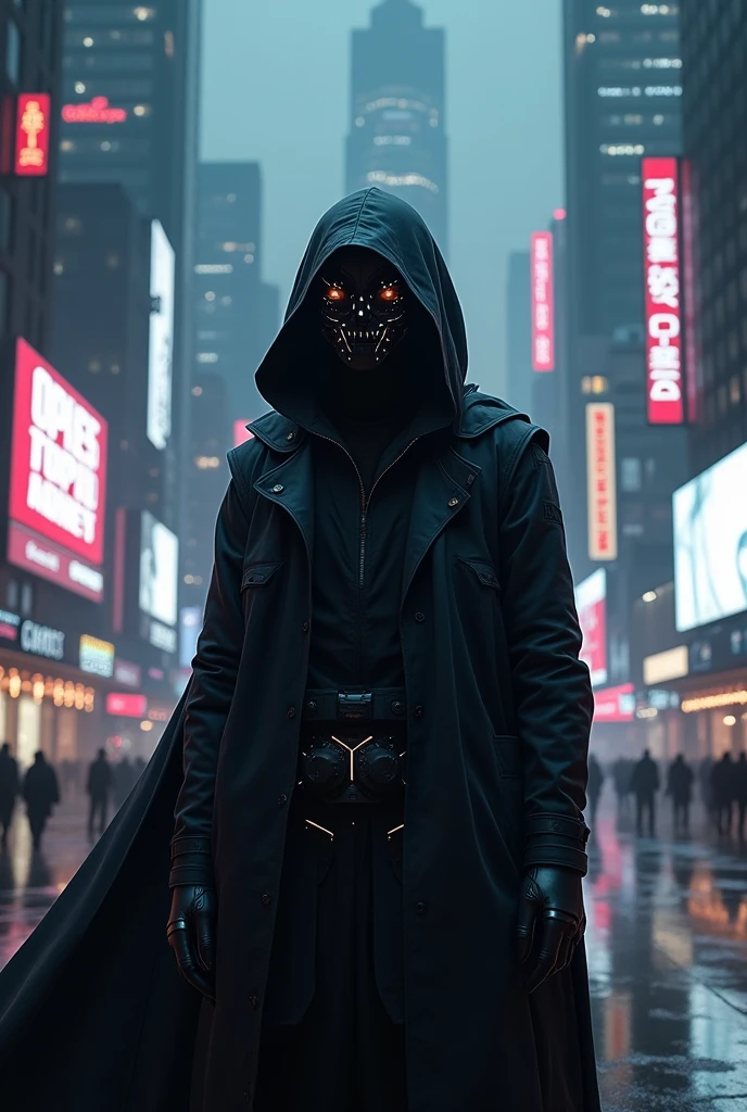 A realistic cypherpunk character standing in front of a sprawling futuristic city at night. The character is wearing a dark, high-tech hooded cloak that obscures part of their face, giving them a mysterious and enigmatic appearance. The cloak is made of advanced materials with subtle glowing lines and circuits. Their face is covered by a sleek, hightech mask with glowing digital parts. The city in the background is filled with towering skyscrapers, neon lights, and holographic advertisements, reflecting a cyberpunk aesthetic. The streets below are bustling with activity, featuring flying cars and pedestrians, while the sky is filled with drones and digital billboards. The overall atmosphere is dark, moody, and intense, highlighting the character's role in this high-tech dystopian world.