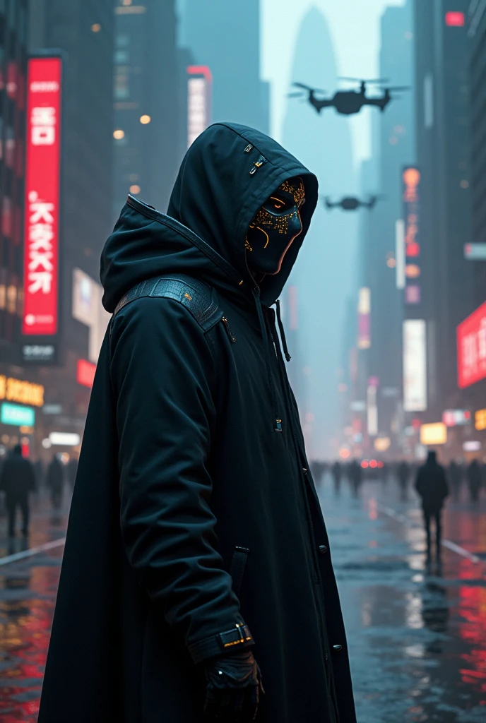 A realistic cypherpunk character standing in front of a sprawling futuristic city at night. The character is wearing a dark, high-tech hooded cloak that obscures part of their face, giving them a mysterious and enigmatic appearance. The cloak is made of advanced materials with subtle glowing lines and circuits. Their face is covered by a sleek, hightech mask with glowing digital parts. The city in the background is filled with towering skyscrapers, neon lights, and holographic advertisements, reflecting a cyberpunk aesthetic. The streets below are bustling with activity, featuring flying cars and pedestrians, while the sky is filled with drones and digital billboards. The overall atmosphere is dark, moody, and intense, highlighting the character's role in this high-tech dystopian world.
