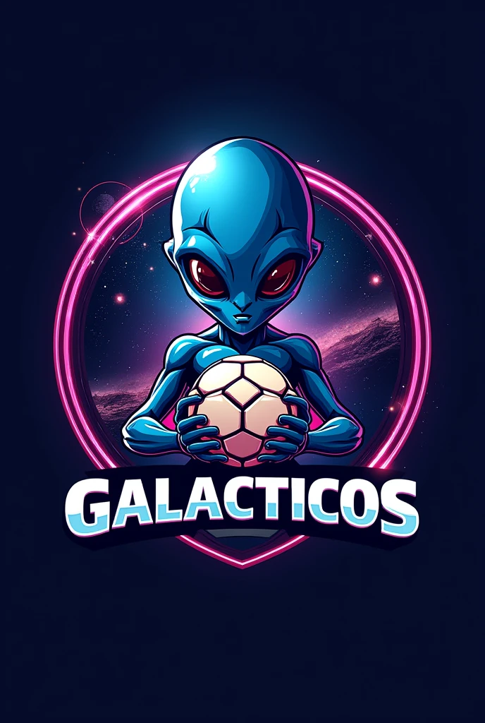 Make a crest for a soccer team with an alien and a ball and it says Galacticos