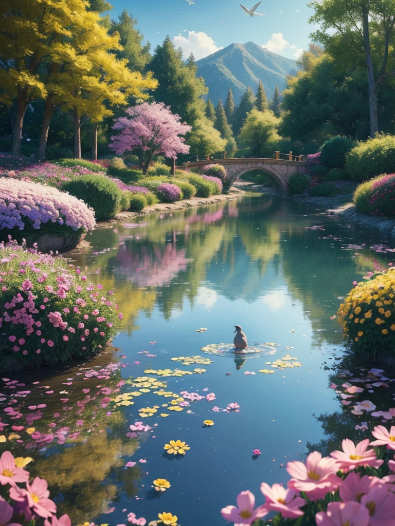 a happy joyful scene, people enjoying life, vibrant colors, soft lighting, wonder tranquility, beauty interconnectedness living things, moments connection separation life death, essence happiness transcending philosophy reason, viewer reflect state being find contentment, detailed intricate fantasy landscape, colorful flowers blooming, serene lake reflecting sky, gentle breeze, birds soaring, sunlight glowing, dreamlike atmosphere, warm tones, soft focus, highly detailed, digital art, concept art, masterpiece