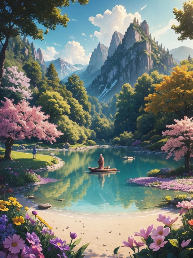 a happy joyful scene, people enjoying life, vibrant colors, soft lighting, wonder tranquility, beauty interconnectedness living things, moments connection separation life death, essence happiness transcending philosophy reason, viewer reflect state being find contentment, detailed intricate fantasy landscape, colorful flowers blooming, serene lake reflecting sky, gentle breeze, birds soaring, sunlight glowing, dreamlike atmosphere, warm tones, soft focus, highly detailed, digital art, concept art, masterpiece