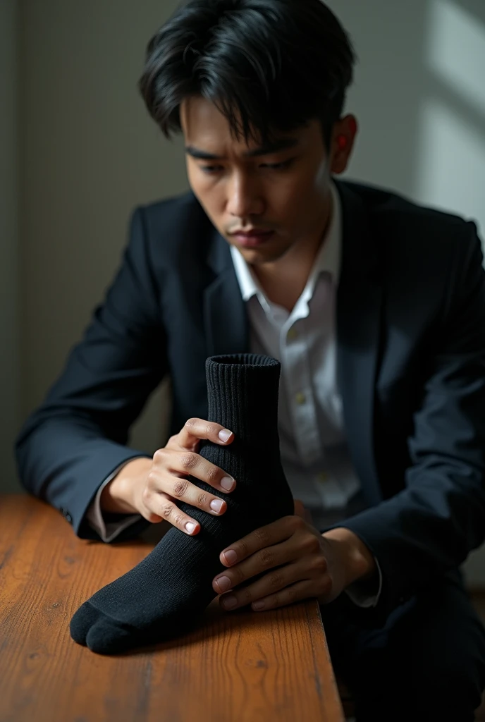 Malaysia malay handsome 20 years student
Formal outfit
Black sweaty sock on desk
Focus on feet
A man rub his sole