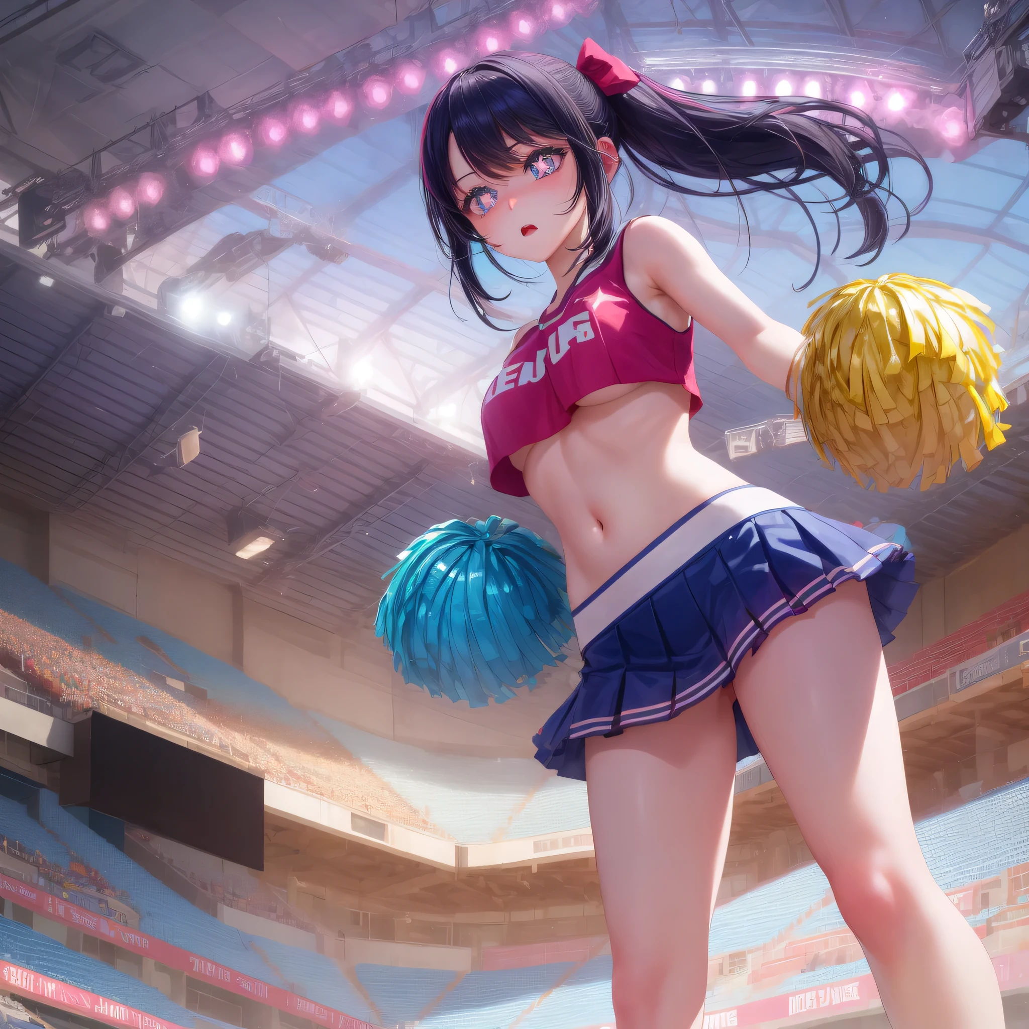 1 girl, alone, high quality,cheerleader, slender, big tits, ponytail, angle from below, sports ground, BREAK Sparkling_eye, Star-shaped pupils, +_+,