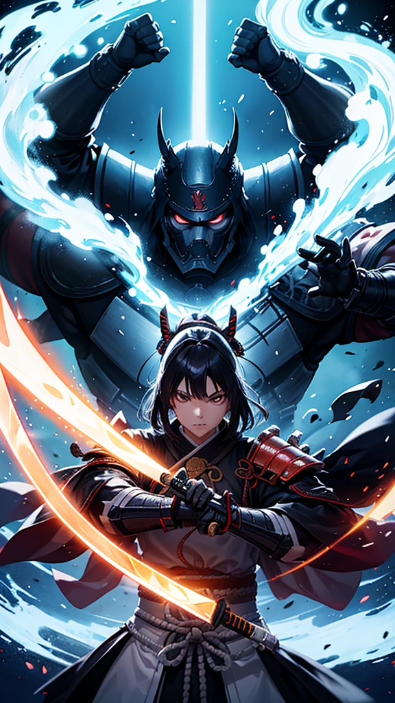 Samurai Dark Armor Sword and Katana Masterpiece, strong man warrior anime style strong features energy flowing through the sword night xom lia full