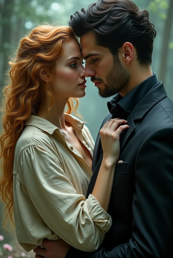 A beautiful moon goddess style woman with strawberry gold blonde hair, He is wearing a large worn-out dress-type shirt. He is wearing his partner&#39;s clothes. He is an extremely handsome man with a defined body, green eyes, short wavy black hair and is wearing elegant clothes. He is protective and dominant. He is an alpha wolf.  ,(werewolf) and she is smelling him on her chest lovingly, missing him madly 