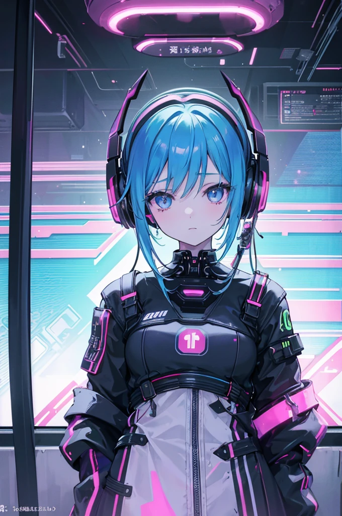 A young girl stands inside a neon-lit train carriage, wearing headphones over her ears. The atmosphere is hazy with smoke, giving the scene a dreamy, futuristic vibe. The lights are in vibrant neon colors, casting a soft glow around the space. The girl has an animated yet calm expression, as if she's lost in her music. She has a slightly futuristic anime style, with bright, expressive eyes and detailed hair. The scene captures a blend of modern technology and a serene moment in an urban, cyberpunk setting.