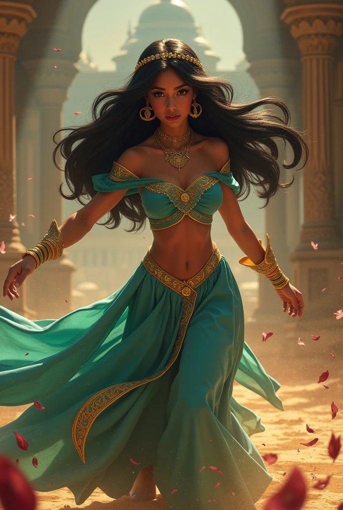 Stunning Princess Jasmine, photo in 8k, in action, cinematic.