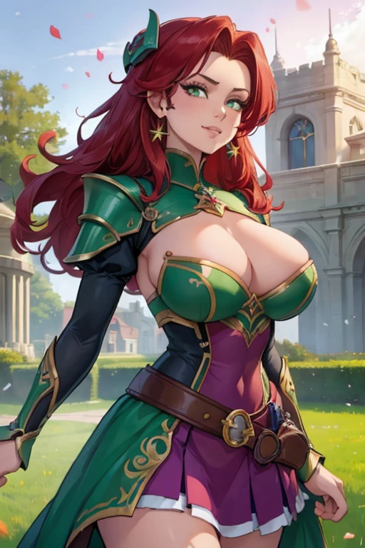 (masterpiece, Best Quality:1.4), looking at the viewer, cowboy shot, affected smile, malty melromarc, Red hair, by the wide, green eyes, exposed cleavage, big breasts, big breasts, hair ornament, earrings, jewelry, armor, armored dress, dress, separate sleeves, breastplate, purple skirt, belt, outdoor, grass, rose garden with rose petals in the air, big breasts, huge breasts, giant breasts