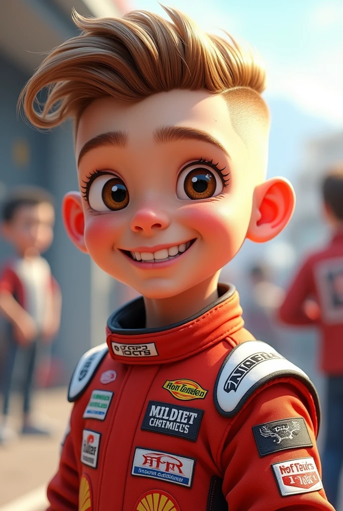 Create an image of a boy, with beautiful face, big brown eyes, Hair shaved on the sides and semi-short on top, light brown color, beautiful smile with semi-thin lips, hotweels racing racer dress