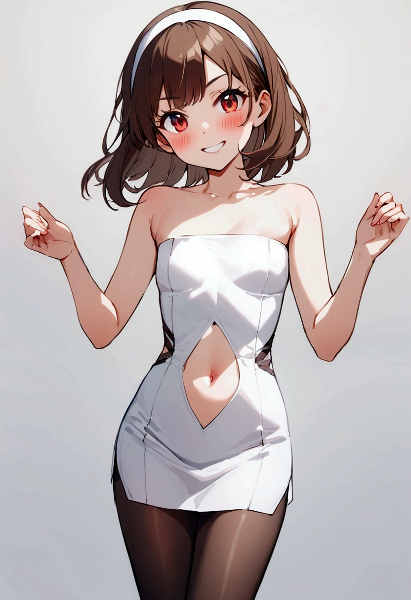 slender, mature female, 1girl, rating:safe, pantyhose, solo, bow, b brown_hair, looking_at_viewer, smile, red_eyes, navel, grin, bare_shoulders, strapless, bangs, short_hair, flat_chest, long_hair, blush, white_background, cowboy_shot, hairband, strapless_eyebrows_visible_through_hair, multicolored_hair, alternate_costume, navel_cutout, hands_up, small_breasts