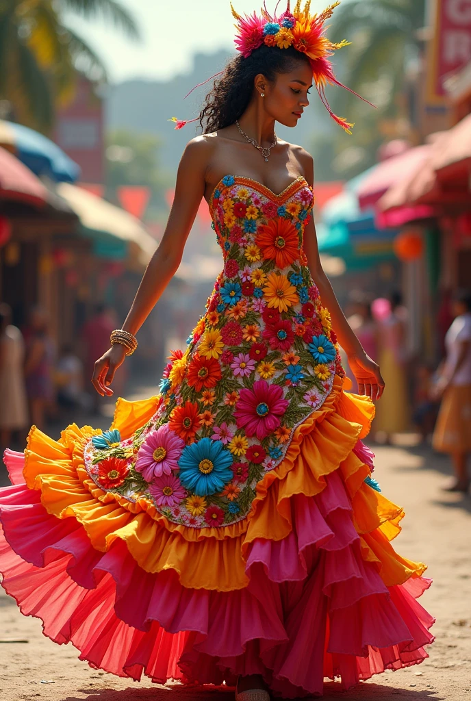 Give me a reference image of a women&#39;s dress design for a carnival with a floral theme.