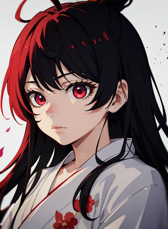 1 girl, Ruka Rengoku, long hair, black hair, red eye, white yukata, ultra detail, wallpaper, 70mm lens