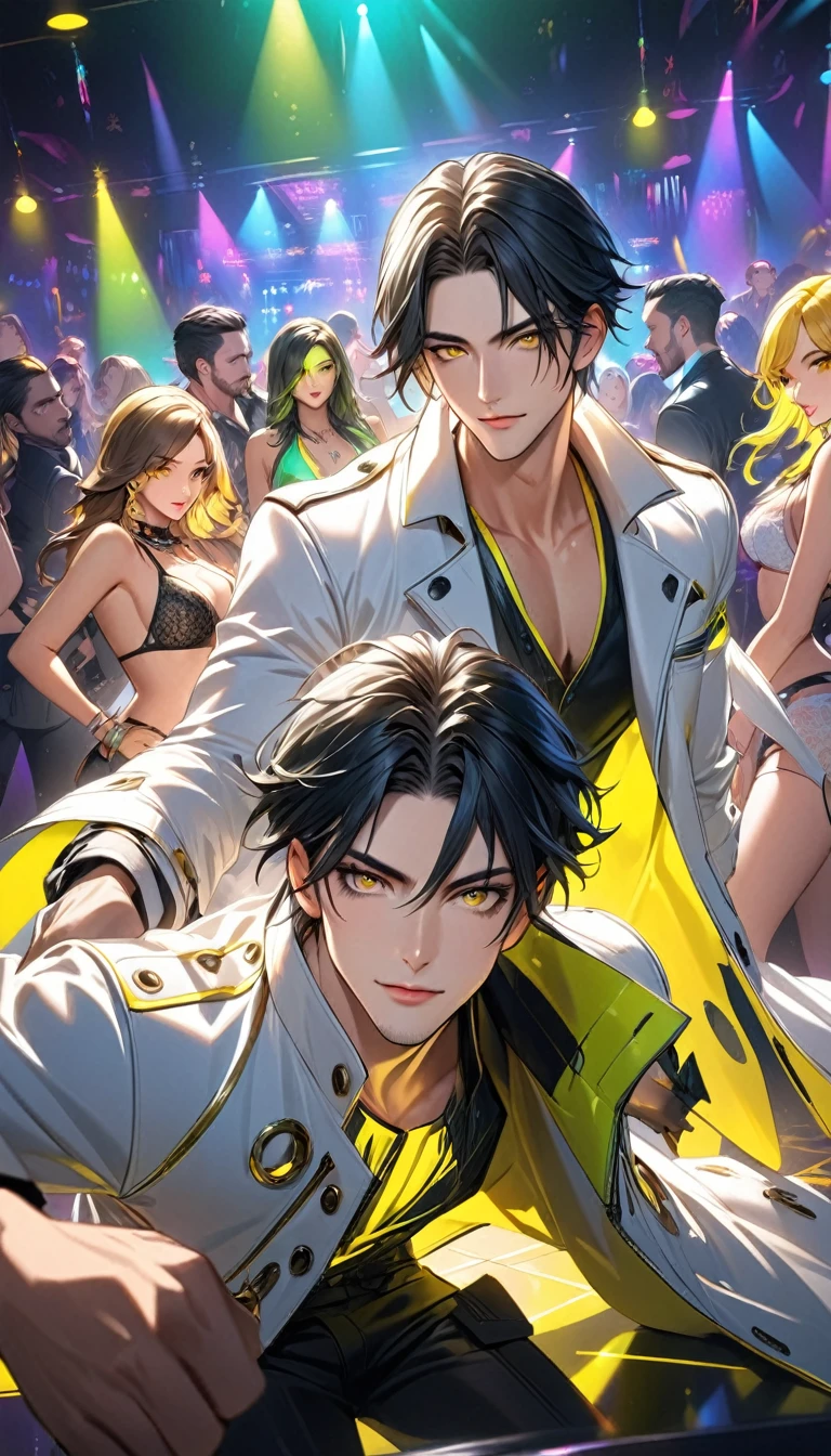 A male character with black hair with green highlights with bright yellow eyes wearing a white coat with yellow details with a background of a nightclub with female characters in underwear nudity