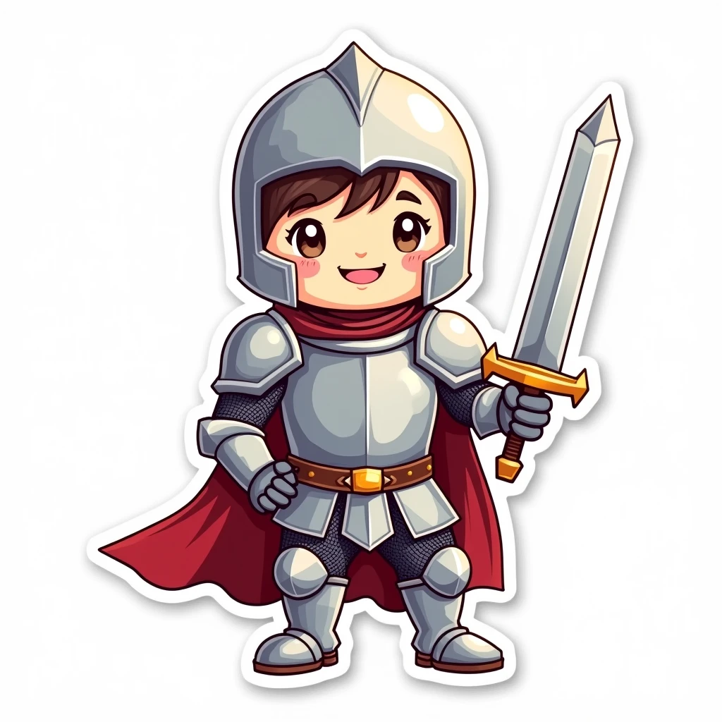 A sticker of a kawaii knight with shining armor and a big sword, ready for adventure. A white border surrounds it, making it ideal for a brave and tender sticker