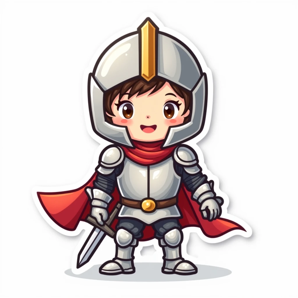 A sticker of a kawaii knight with shining armor and a big sword, ready for adventure. A white border surrounds it, making it ideal for a brave and tender sticker