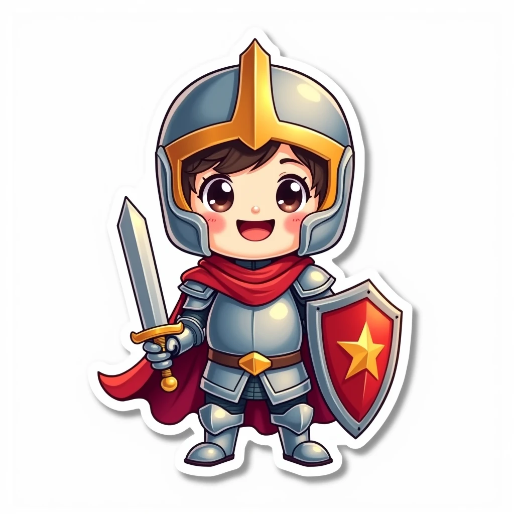 A sticker of a kawaii knight with shining armor and a big sword, ready for adventure. A white border surrounds it, making it ideal for a brave and tender sticker