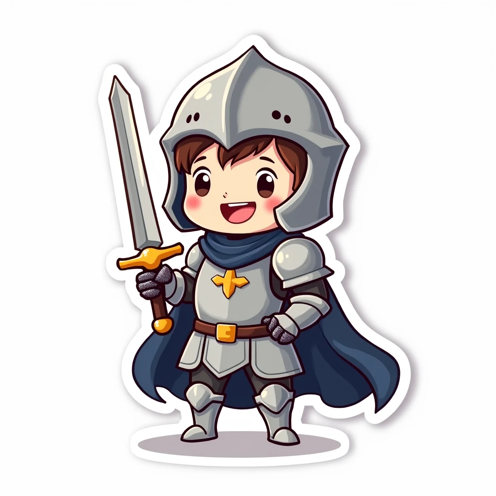 A sticker of a kawaii knight with shining armor and a big sword, ready for adventure. A white border surrounds it, making it ideal for a brave and tender sticker