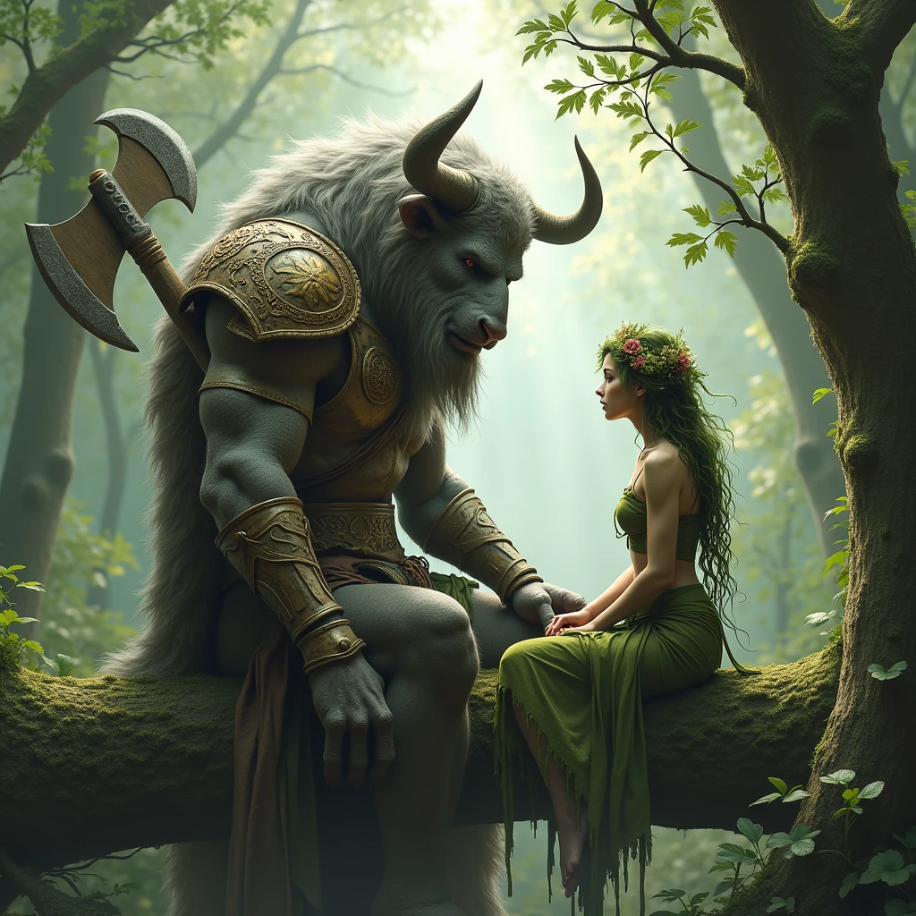 The minotaur, a towering figure covered in thick, shaggy gray fur, sits on a large fallen log. His muscular frame is encased in weathered, intricately detailed armor made of aged bronze and leather, adorned with ornate carvings and moss, suggesting many years of battle and deep connection to the forest. He holds a massive, double-headed axe, its blade worn and scarred from countless battles. His large, curved horns frame a face that, despite its fearsome appearance, exudes a sense of calm and wisdom. The minotaur’s posture is relaxed, almost contemplative, as he gazes down at his companion.Beside him, perched lightly on the same log, is a slender forest nymph with delicate, green-tinted skin that blends seamlessly with the surrounding foliage. Her hair, a cascade of earthy tones, is interwoven with leaves and flowers, and she wears a simple, flowing garment made of moss and vines. Her eyes are large and expressive, filled with curiosity and a deep connection to the natural world around her. She looks up at the minotaur with a serene, knowing expression, as if understanding his thoughts without the need for words.The lighting is soft and diffuse, with rays of sunlight filtering through the thick canopy above, creating a dappled pattern of light and shadow on the characters and the forest floor. The mist adds a sense of mystique and timelessness to the scene, blurring the lines between reality and fantasy. The overall mood is one of harmony and mutual respect between these two beings of the forest, each representing different aspects of nature’s power and beauty.This scene would be a visual masterpiece, evoking themes of unity between strength and gentleness, and the deep, unspoken bonds that can exist between different forms of life. The careful attention to texture, light, and the natural environment would create an immersive and emotionally resonant experience for the viewer.