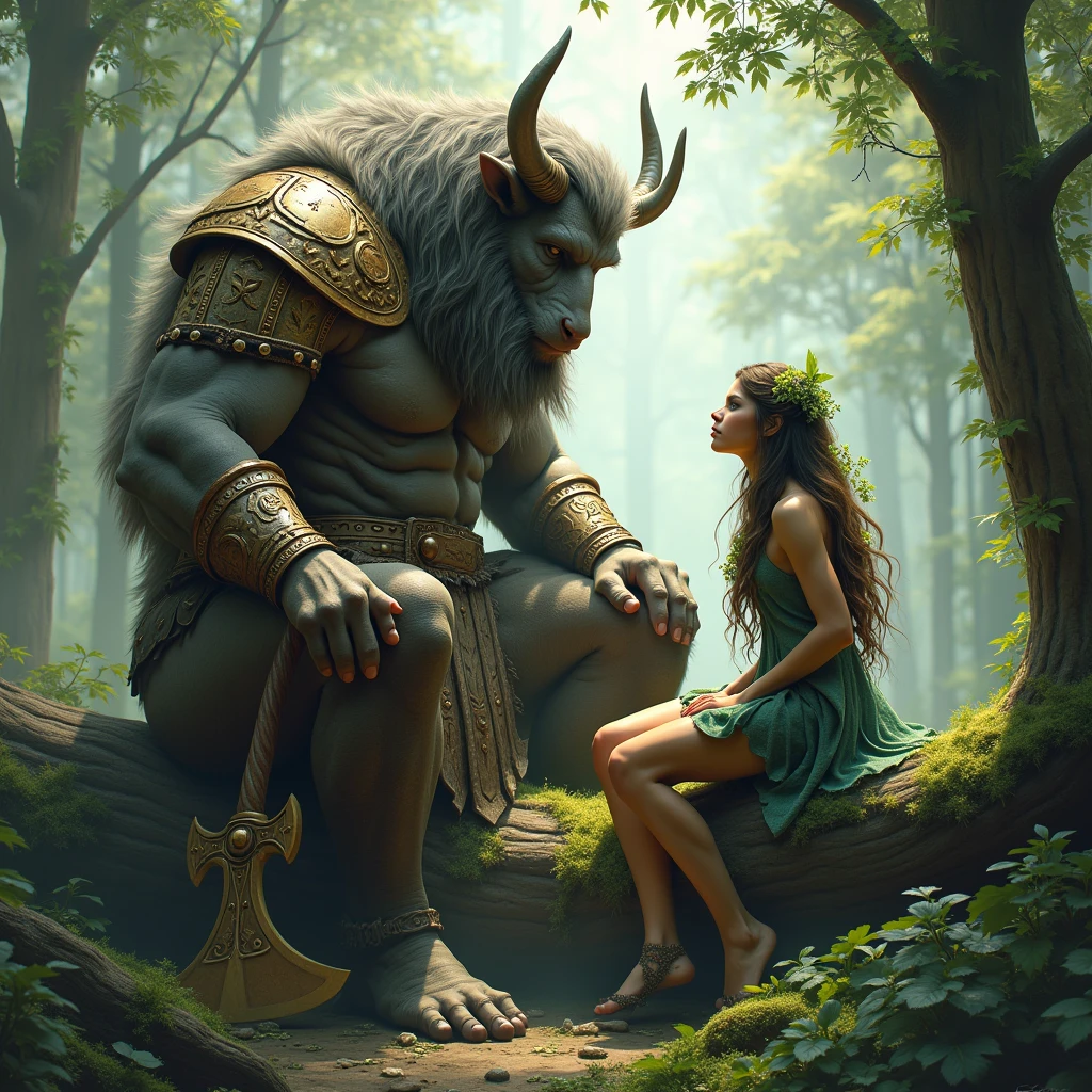 The minotaur, a towering figure covered in thick, shaggy gray fur, sits on a large fallen log. His muscular frame is encased in weathered, intricately detailed armor made of aged bronze and leather, adorned with ornate carvings and moss, suggesting many years of battle and deep connection to the forest. He holds a massive, double-headed axe, its blade worn and scarred from countless battles. His large, curved horns frame a face that, despite its fearsome appearance, exudes a sense of calm and wisdom. The minotaur’s posture is relaxed, almost contemplative, as he gazes down at his companion.Beside him, perched lightly on the same log, is a slender forest nymph with delicate, green-tinted skin that blends seamlessly with the surrounding foliage. Her hair, a cascade of earthy tones, is interwoven with leaves and flowers, and she wears a simple, flowing garment made of moss and vines. Her eyes are large and expressive, filled with curiosity and a deep connection to the natural world around her. She looks up at the minotaur with a serene, knowing expression, as if understanding his thoughts without the need for words.The lighting is soft and diffuse, with rays of sunlight filtering through the thick canopy above, creating a dappled pattern of light and shadow on the characters and the forest floor. The mist adds a sense of mystique and timelessness to the scene, blurring the lines between reality and fantasy. The overall mood is one of harmony and mutual respect between these two beings of the forest, each representing different aspects of nature’s power and beauty.This scene would be a visual masterpiece, evoking themes of unity between strength and gentleness, and the deep, unspoken bonds that can exist between different forms of life. The careful attention to texture, light, and the natural environment would create an immersive and emotionally resonant experience for the viewer.
